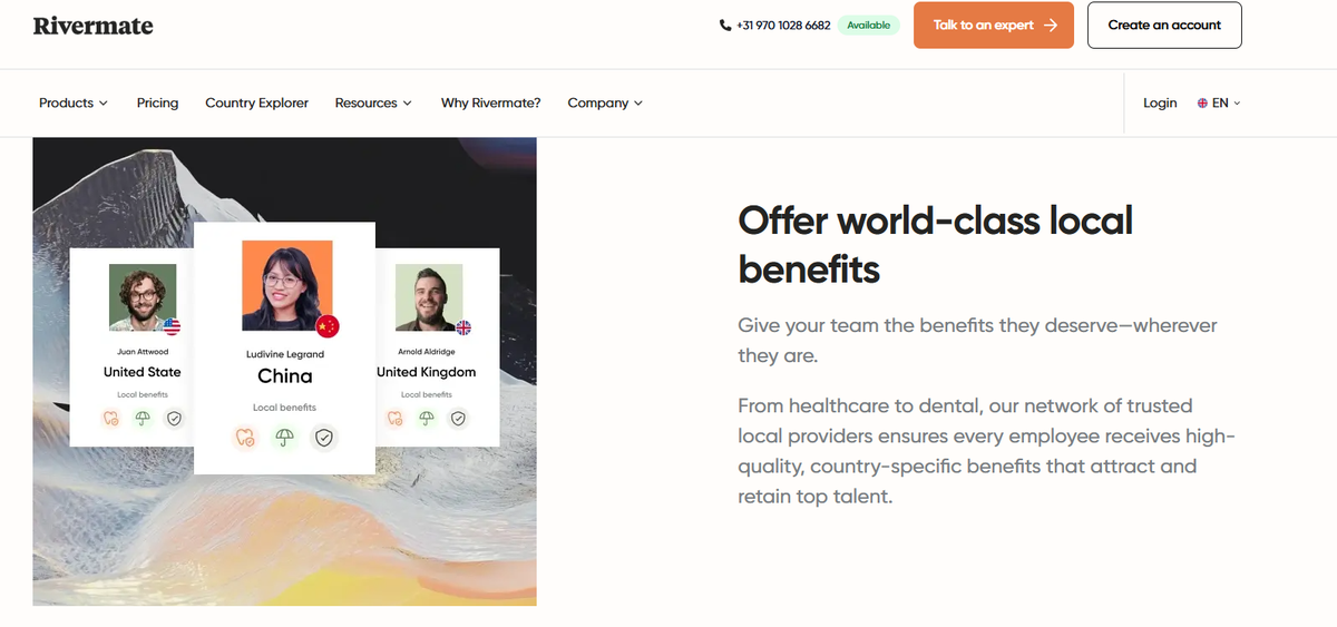 Rivermate landing page showcasing its world-class local benefits