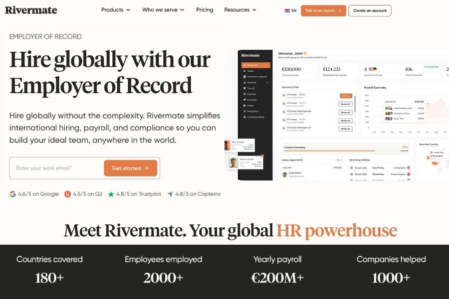 Rivermate Globalization Partners alternatives dashboard showing global hiring, payroll, and employer of record platform
