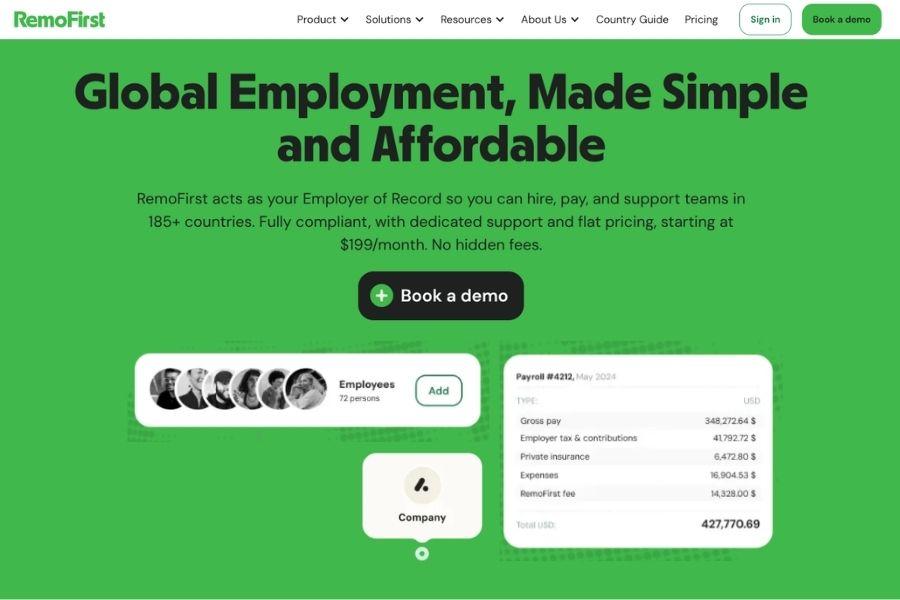 RemoFirst Globalization partners alternatives platform showing global employment, payroll overview, and employer of record solution
