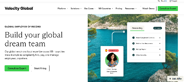 Landing page of Velocity Global’s employer of record services for startups