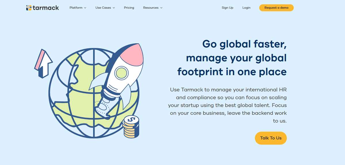 Landing page of Tarmack’s employer of record services for startups