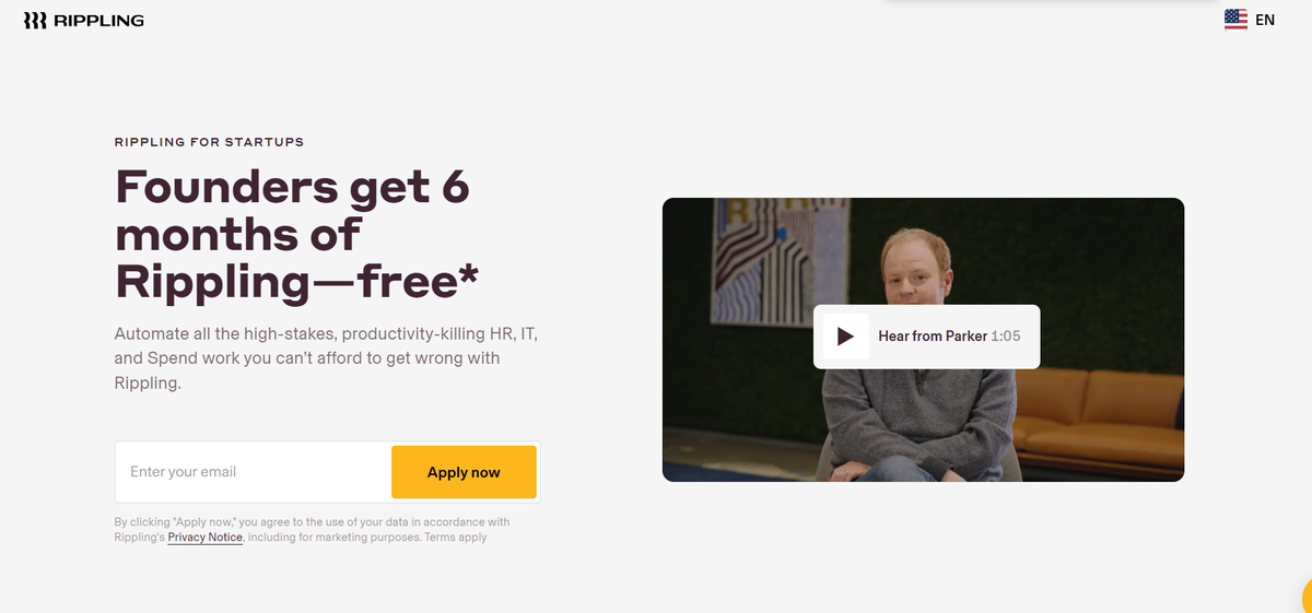 Landing page of Rippling’s employer of record services for startups