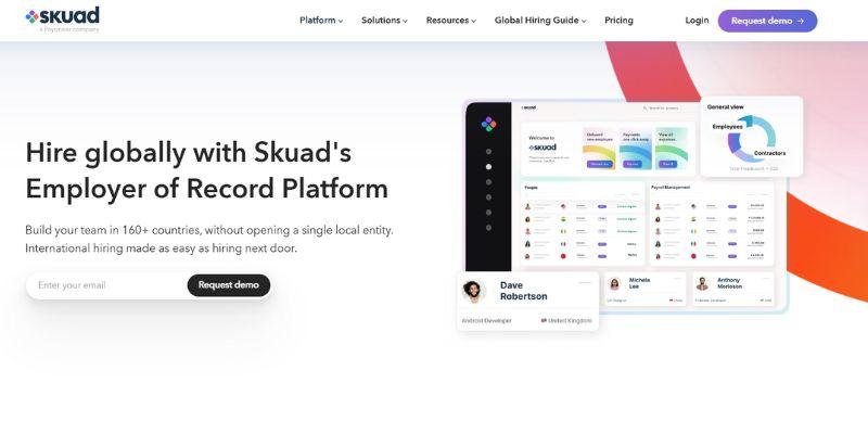 skuad website homepage met nadruk op wereldwijde aanneming en payrollsoftware