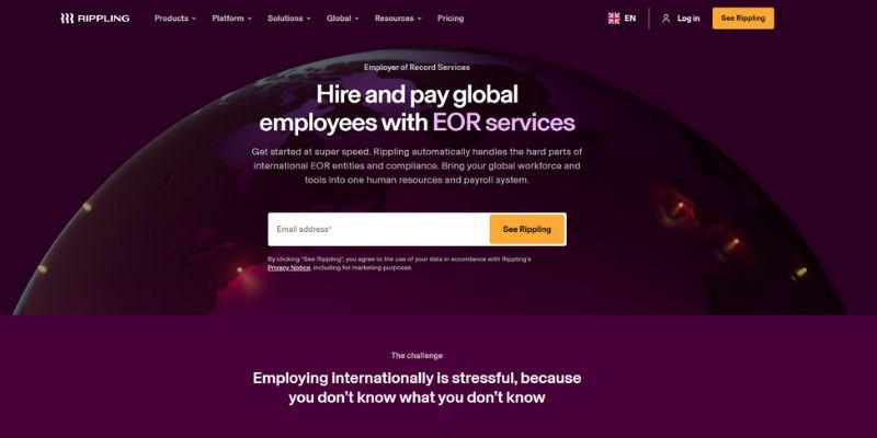 Rippling Homepage showcasing global EOR services as one of the leading Oyster HR alternatives