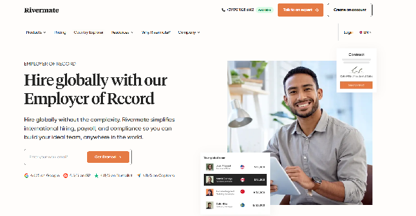Landing page of Rivermate’s employer of record services for startups