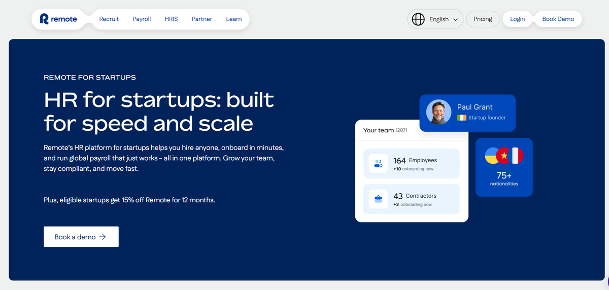 Landing page of Remote’s employer of record services for startups