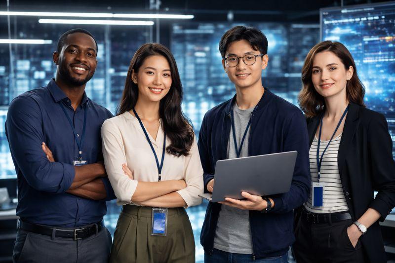 Team reviewing data on risks of expanding a business internationally.