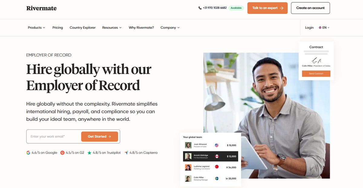 Landing page of Rivermate’s employer of record services for startups