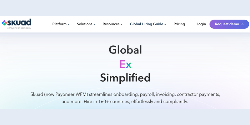 Skuad Homepage showcasing global EOR services among leading Rippling alternatives