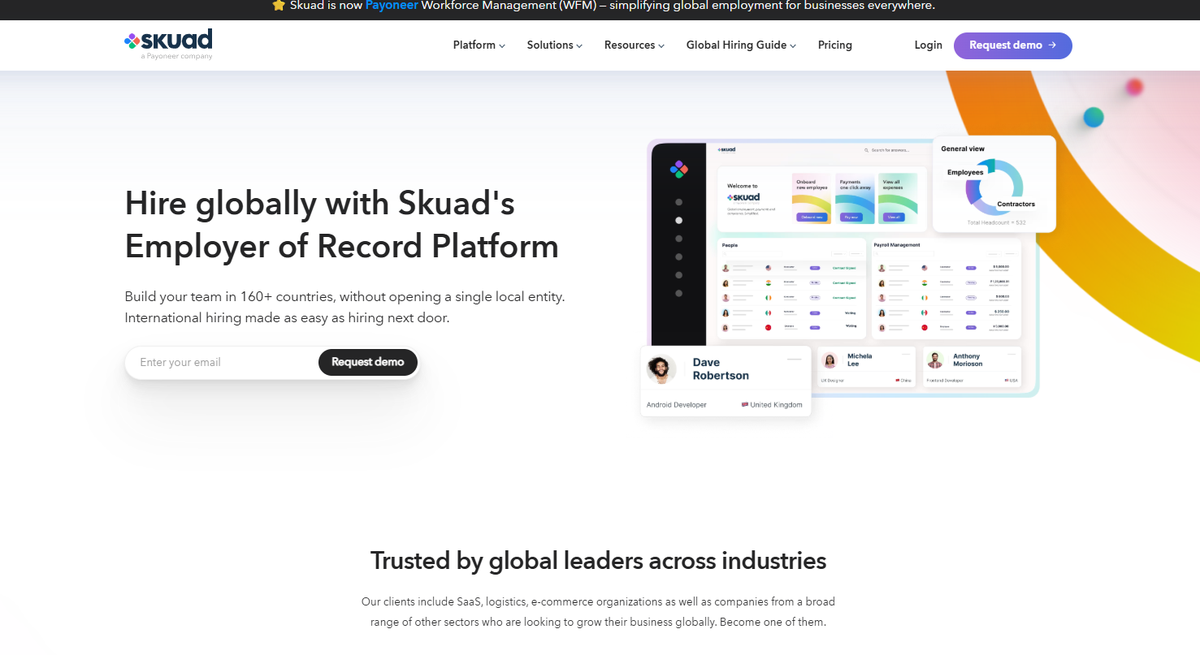 Landing page of Skuad’s employer of record services for startups