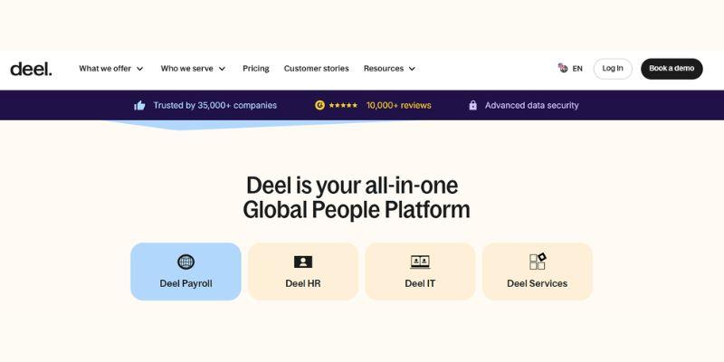 Deel Homepage showcasing global EOR services among leading Rippling alternatives