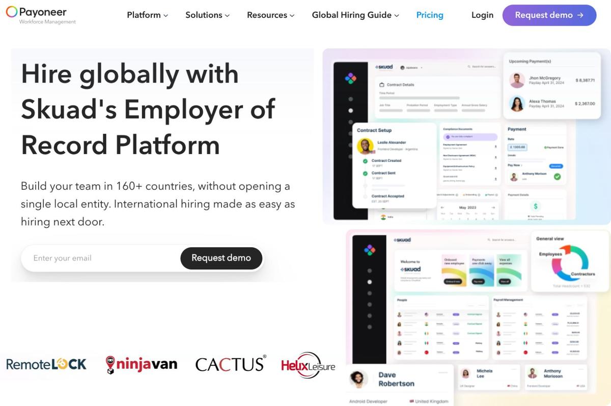 Payoneer employer of record platform interface example for adp alternatives global hiring solution