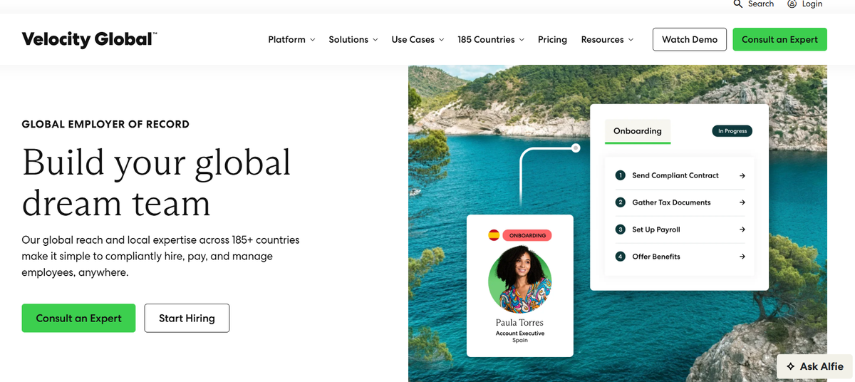 Landing page of Velocity Global’s employer of record services for startups