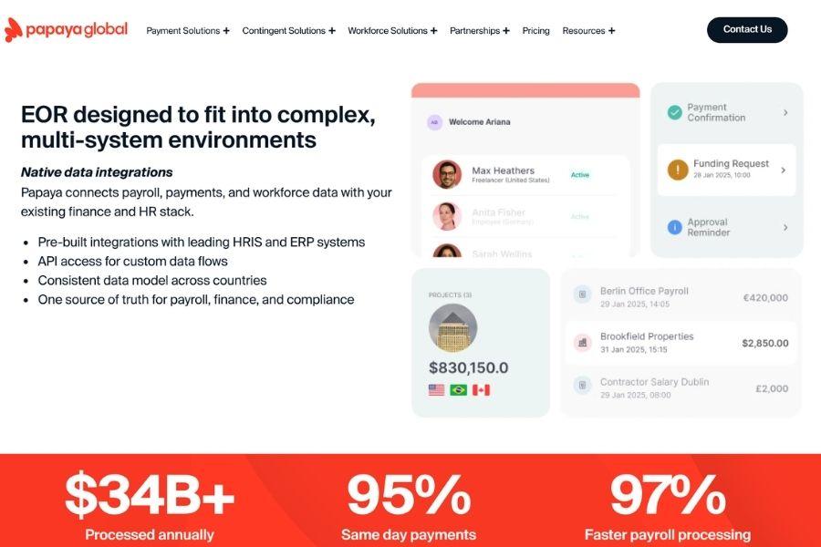 Papaya Global globalization partners alternatives platform showing payroll integrations and global workforce management