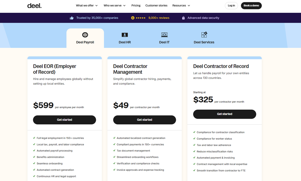 Deel’s pricing page