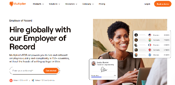 Landing page of Multiplier’s employer of record services for startups