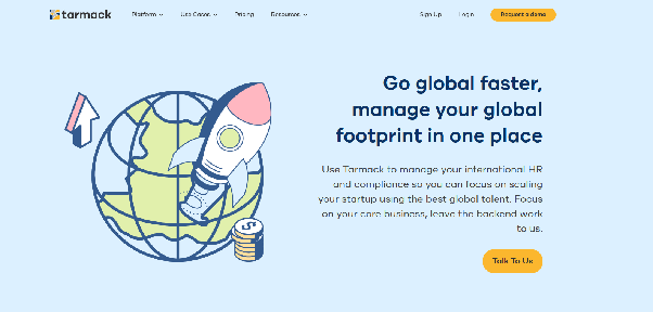 Landing page of Tarmack’s employer of record services for startups