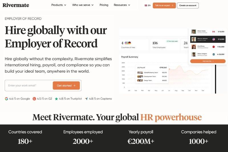 Rivermate EOR dashboard example for adp alternatives global hiring platform